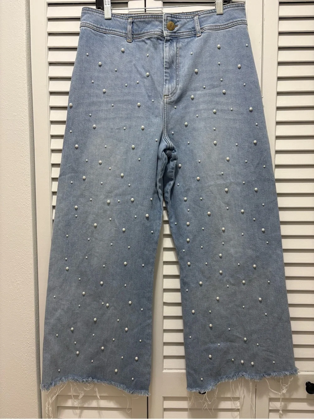 ANTONIO MELANI Light Blue Pearl-Studded Wide-Leg Jeans